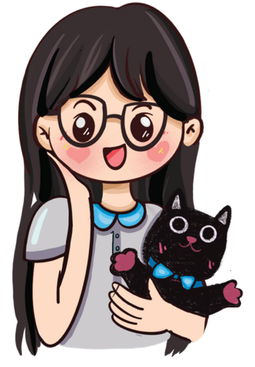 Miyo, illustrator and maker, holding her black cat