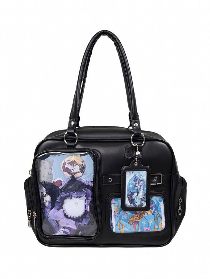 Black Faux Leather Ita Tote - Dual Windows & Keychain Hook - Convertible Straps