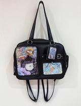 Black Faux Leather Ita Tote - Dual Windows & Keychain Hook - Convertible Straps