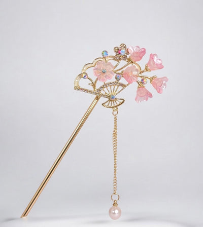 Sakura Hair Stick  Gold Kanzashi with Pearl Dangle & Rhinestones