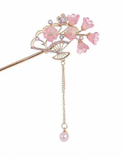 Sakura Hair Stick  Gold Kanzashi with Pearl Dangle & Rhinestones