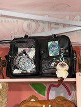 Black Faux Leather Ita Tote - Dual Windows & Keychain Hook - Convertible Straps