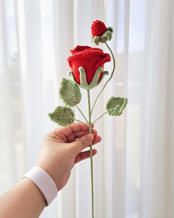 Crochet Red Rose Stem with Bud - Handmade Amigurumi Forever Flower