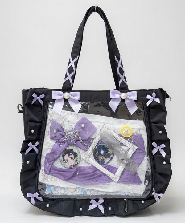 Black Ruffle Ita Bag with Purple Bows - Clear Window Tote for Pins