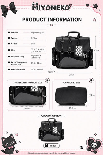 Black Ita Bag Backpack  Clear Window Pin Display, Jirai Kei Gothic Kawaii Bag