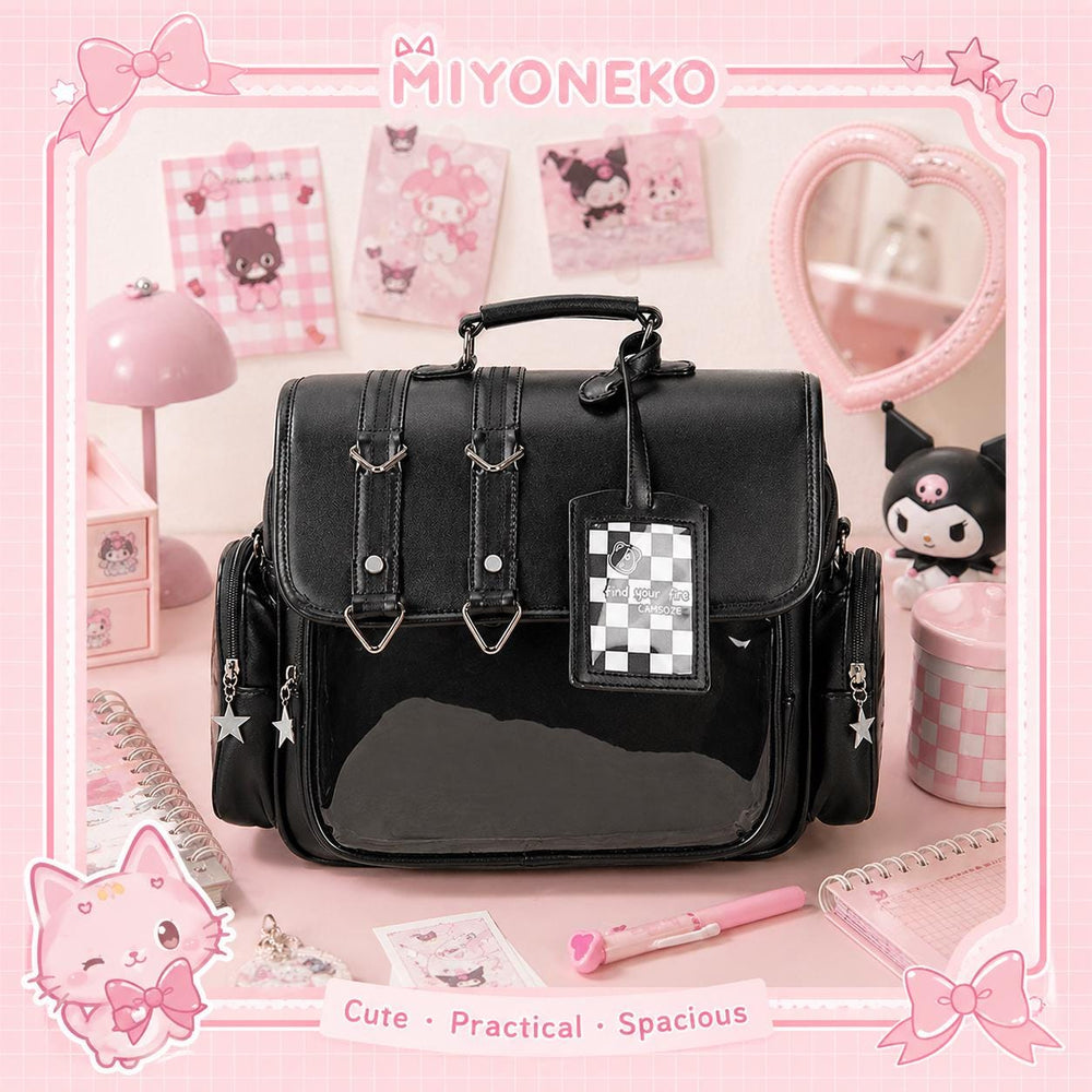 Black ita backpack with a clear pin-display window and checkered tag