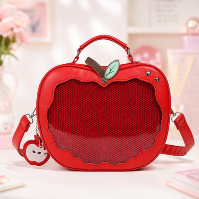 Red Apple Shaped Crossbody Bag  Kawaii Ita Bag with Mesh Window, Cottagecore Sweet Lolita Purse, Fruit Novelty