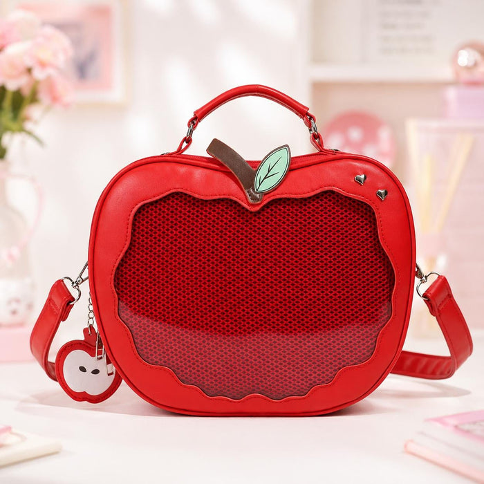 Red Apple Shaped Crossbody Bag  Kawaii Ita Bag with Mesh Window, Cottagecore Sweet Lolita Purse, Fruit Novelty