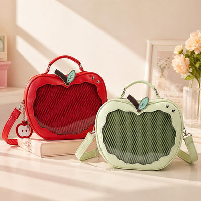 Red Apple Shaped Crossbody Bag  Kawaii Ita Bag with Mesh Window, Cottagecore Sweet Lolita Purse, Fruit Novelty