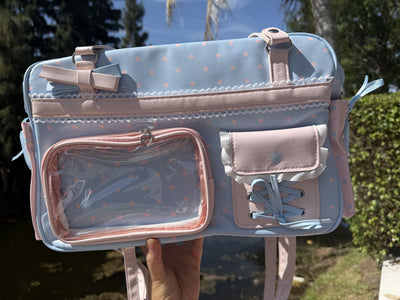 Pastel Ita Bag with Clear Window Pin Display Pocket | Blue Pink Polka Dot JK Shoulder Bag | Kawaii Coquette Crossbody Detachable Strap
