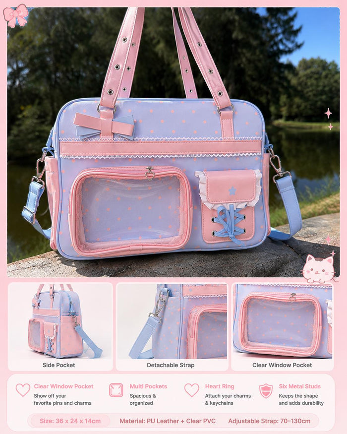 Pastel Ita Bag with Clear Window Pin Display Pocket | Blue Pink Polka Dot JK Shoulder Bag | Kawaii Coquette Crossbody Detachable Strap