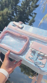 Pastel Ita Bag with Clear Window Pin Display Pocket | Blue Pink Polka Dot JK Shoulder Bag | Kawaii Coquette Crossbody Detachable Strap