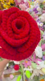 Crochet Red Rose Stem with Bud - Handmade Amigurumi Forever Flower