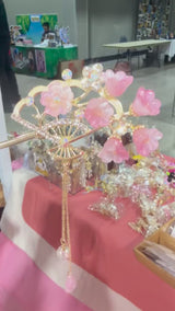 Sakura Hair Stick  Gold Kanzashi with Pearl Dangle & Rhinestones